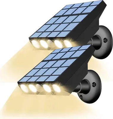 Immagine prodotto di Due faretti da terrazza a energia solare con sensori di movimento, tre livelli di regolazione, lampade a LED impermeabili, luce bianca calda.