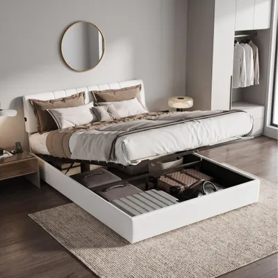 Productafbeelding van INONEFT Gestoffeerd bed 140x190 cm met USB-oplaadpoort, boxspringbed met opbergruimte, bed met opbergruimte, bedframe met lattenbodem, beige, teddy fleece