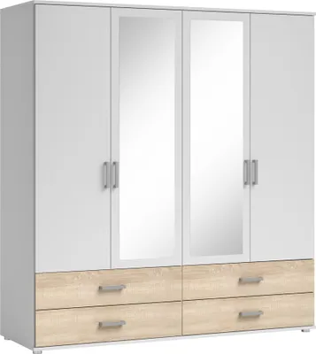 Produktbild von Kleiderschrank "Ivar" in Weiß Abs. Eiche Sonoma mit 4 Schubladen und 4 Türen. Abmessungen (BxHxT) 180x190x51 cm