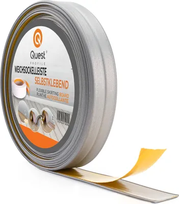 Produktbild von QUEST Weichsockelleiste Selbstklebend 10x10mm, 5m, Sockelleiste, Knickleiste aus PVC, Kunststoff für Küche und Bad, Dichtungsband, Fugendichtband , silbern