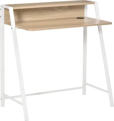 Productafbeelding van Bureau. Modern computerbureau met opbergvak en kabeldoorvoer. Metalen frame, wit en eikenhout. Afmetingen: 84x45x85 cm. Geschikt voor thuiswerkplek en kantoor