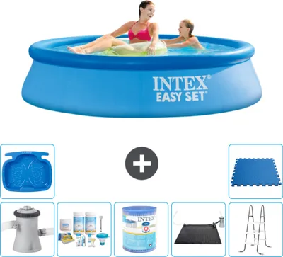 Produktbild von Intex runder aufblasbarer Easy Set-Schwimmpool – 244 x 61 cm – Blau – inklusive Pumpe Wartungspaket - Filter - Solarmatte - Leiter - Fußbad - Bodenfliesen