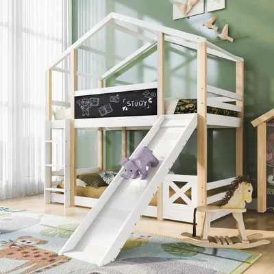 Obrázek produktu pro MODFU MODFU patrová postel dětská postel dřevěná postel se skluzavkou, domeček na stromě 90 x 200 cm s žebříkem, podkrovní postel s ochranou proti vypadnutí, postel z masivního dřeva, bez matrace, přírodní a bílá barva