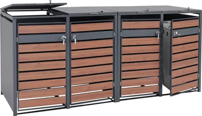 Obrázok produktu pre 4-dielny kryt na odpadkový kôš HWC-J81, box na odpadky, rozkladací, kovový 100 kg, antracit ~ vzhľad čerešňového dreva tmavohnedý