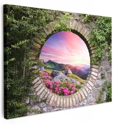 Produktbild von Landschaftliches Gartenbild für draußen 100x70 cm - Gartendekoration Berglandschaft - Blumen - Durchblick - Gartenposter auf Leinwand - Wanddekoration für den Garten - Gartenmöbel Wanddekoration - Gartenwandbild - Wandbild für den Garten auf Leinwand