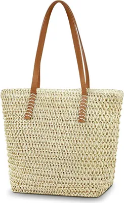 Produktbild von Aucuu Strohtasche Damen mit Ledergriffe Reißverschluss für Strand Sommer