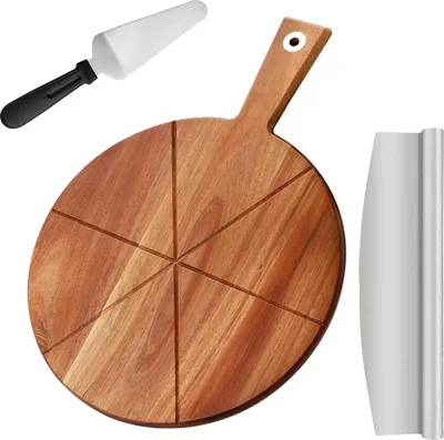 Produktbild von Pizzabrett aus Akazienholz, 30 x 30 cm Pizzaplatte Pizzaschneidebrett mit Pizzaschneider und Pizzaschaufel, rundes Pizzaschneidebrett Servierschale für das Backen von selbstgemachter Pizza
