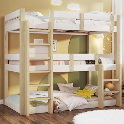 Image de Lit superposé en bois - Lit pour trois personnes - Structure de lit - Gain de place - Structure en bois massif - 90 x 190 cm - Blanc naturel