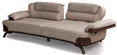 Immagine prodotto di Divano a tre posti in pelle, color beige, con cuscini, design moderno ed elegante, elementi in legno, confortevole