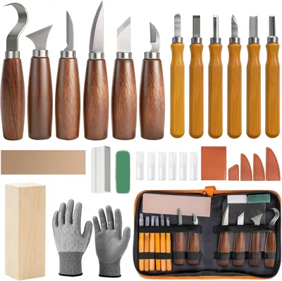 Productafbeelding van Houtsnijgereedschapsset 30-delig, 12 messen, slijpsteen, tas, voor beginners