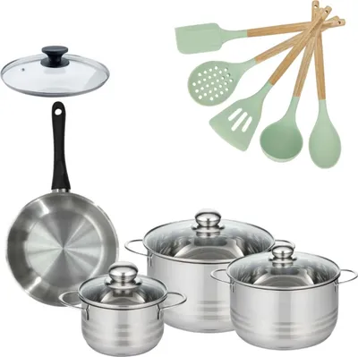 Image de Batterie de cuisine avec 3 faitouts 16/20/24 cm et 1 poêle 20 cm avec 6 ustensiles de cuisine Fackelmann Généva Brillant Ocean avec couvercles