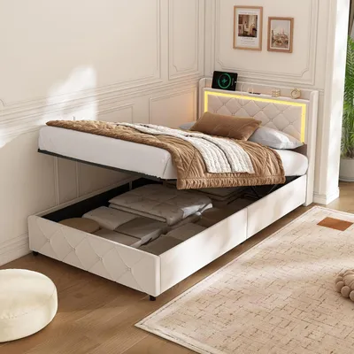 Image de Lit simple avec rangement - Lit pour adolescent - Optimisation de l'espace chambre - Avec éclairage LED et ports USB - 90x200 cm - Beige