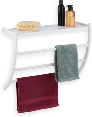 Image de Porte-serviettes mural - 44 x 56,5 x 23 cm - Avec étagère et 3 barres - Support mural pour serviettes de bain - Blanc