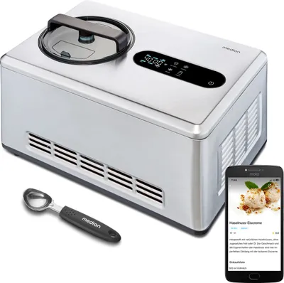 Produktbild von MEDION smarte Eismaschine mit Kompressor (selbstkühlend, 2 Liter, App Steuerung inkl. Eis-Rezepte, Joghurt, Eiscreme, Sorbet, LED Display, Edelstahl, MD12170)
