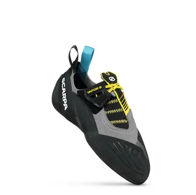 Kletterschuh "Vapor S" von Scarpa; grau mit gelben und blauen Akzenten; Slipper-Design.