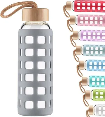 Produktbild von Graue Sportflasche 1000ml aus Glas mit Bambusdeckel