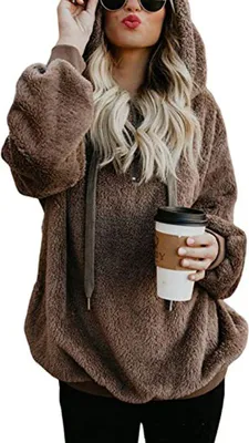 Produktbild von ASKSA Damen Pullover Langarm Winter Hoodie Warm Teddy Fleece Oversize Kapuzenpullover Oberteile Tops, Braun, 2XL