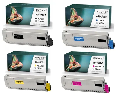 Image de Cartouches de toner compatibles Evoke pour OKI C833, référence 46443104, comprenant 4 couleurs CMJN : noir, cyan, magenta, jaune, pour environ 42000 pages, compatibles avec les modèles C833dn, C833dt, C833n et C843dn
