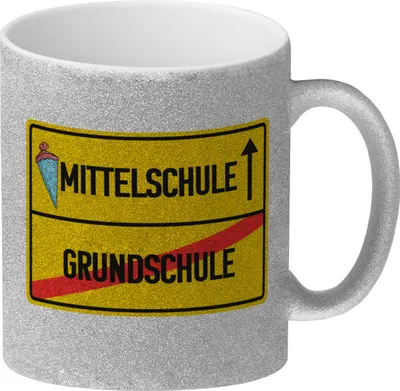 Produktbild von Mittelschule Ortsschild Glitzer-Kaffeebecher zur Einschulung