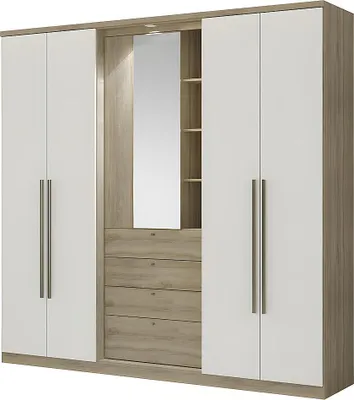Produktbild von Kleiderschrank ISAK II - 4 Türen - Spiegel und Schubladen - Länge 240 cm - Farbe: Eiche und Elfenbein