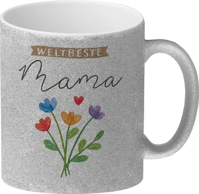 Produktbild von Blumenstrauß Glitzer-Kaffeebecher mit Spruch Weltbeste Mama