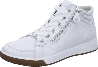 A single white high-top sneaker is shown against a white background.