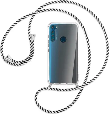 Produktbild von Handykette Backcover-Schutzhülle mit Band (Metall silberfarben) für Motorola One Fusion Plus - schwarz/weiß gestreift