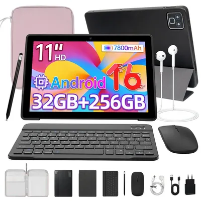 Produktbild von JENBIZZ Tablet 11'' Android 16 mit 256GB(1TB TF), 32GB RAM, 7800mAh, WiFi 6, Dual-Kameras, 2-in-1 mit Tastatur, Stift, Hülle & Tasche rosa