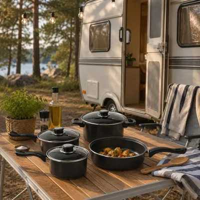 Produktbild von 7-teiliges Camping Kochtopfset aus leichtem Aluminium für Gasherde