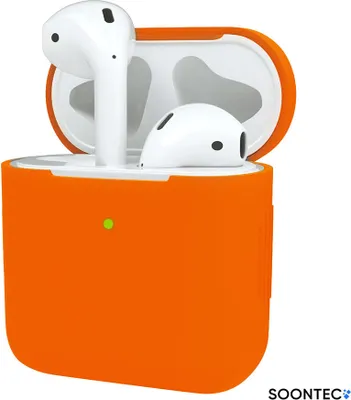 A pair of white AirPods in an open orange charging case.