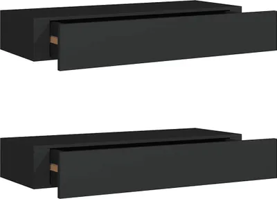 Two black wall shelves with open drawers are shown against a white background.