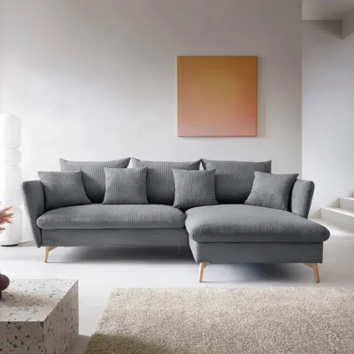 Produktbild von Ecksofa MORRE Poso 60 Stahlgrau Dunkelgrau Cord Breitcord Schlafsofa Bettkasten Holzfüße Rechts