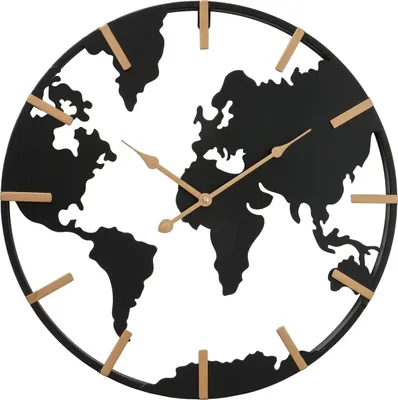 A black and gold world map clock.