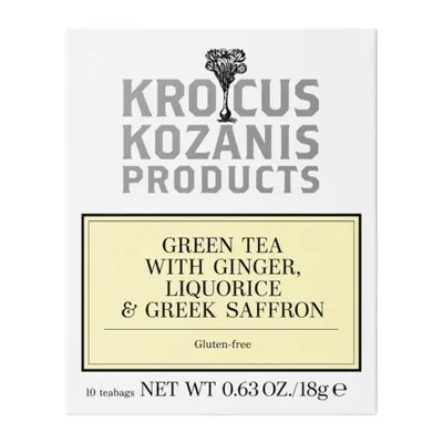 Krocus Kozanis Bio Grüner Tee Ingwer Safran 18 g Packung auf weißem Grund