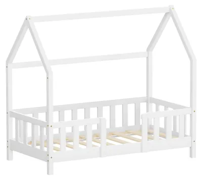 Produktbild von ML-Design Kinderbett 70x140cm mit Rausfallschutz, Dach & Lattenrost Weiß Montessori Bodenbett aus massivem Kiefernholz Hausbett für Mädchen & Jungen