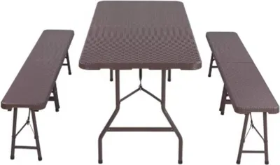 Immagine prodotto di Set composto da tavolo pieghevole e 2 panche – Mobili da giardino per campeggio, picnic e attività all'aperto – 180 cm – Plastica HDPE e acciaio – Resistente alle intemperie – Marrone