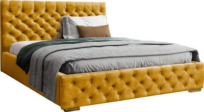 Obrázek produktu pro Sametová Čalouněná Postel Manželská Postel Komplet 140x200 160x200 180x200 cm Rám Postele s Lamelovým Roštem a Čelem - Hydrofobní Látka – Žlutá - 160 x 200 cm