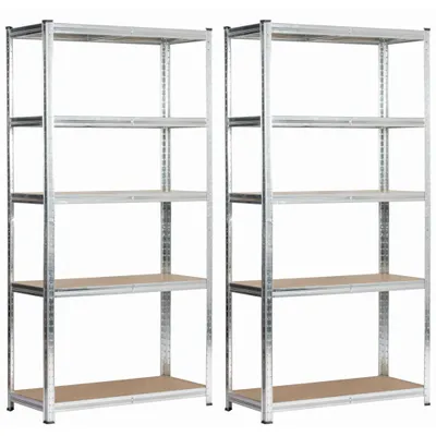 Productafbeelding van Set van 2 zware stellingen, zilverkleurig, verzinkt, met 90 cm breed, 5 planken, afmetingen 90 cm (breedte) x 40 cm (hoogte) x 180 cm (diepte)