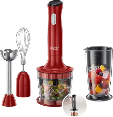 Produktbild von 3-in-1 Stabmixer 500W mit Zerkleinerer, Schneebesen & Messbecher, Edelstahl-Mixfuß, 2 Geschwindigkeiten, BPA-frei, Rot