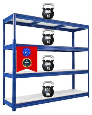 Produktbild von Schwerlastregal DINO | HxBxT 180x200x60cm | 4 Melamin-Ebenen 16mm | Fachlast 500kg | Blau