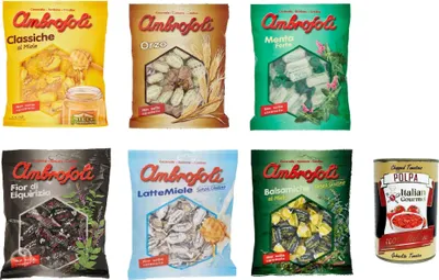 Produktbild von Testpaket Ambrosoli Caramelle al Miele, menta, liquirizia, orzo, balsamiche Klassische Honigbonbons sweets 6 Stücke + Italian Gourmet polpa 400g