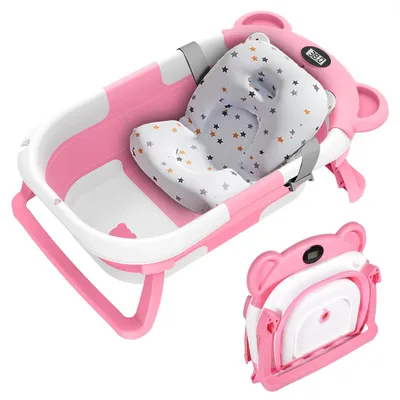 Image de Baignoire pour bébé, thermomètre intégré, modèle pliable, nouveau rose