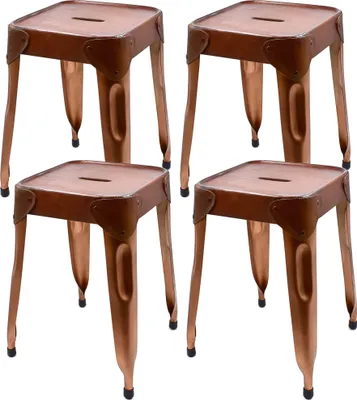 Produktbild von 4er Set Metall Hocker mit Ledersitzfläche, niedriger Barhocker, Sitzhöhe 46cm Tresenhocker, Eisen Bistrohocker im Industrie Design, Kupfer