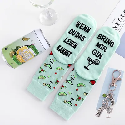Produktbild von Gin-Socken mit Gin Schlüsselanhänger in einer Design-Dose, Geschenke für Frauen und Männer, Wenn Du das Lesen Kannst bring mir Gin (Grün)