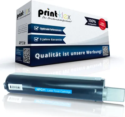 A product shot of a toner cartridge and its packaging, presented on a reflective white surface.