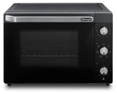 A front view of a black De Longhi toaster oven.