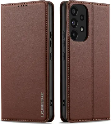A brown leather flip case for a Samsung Galaxy A53 5G phone, shown from the front and back.