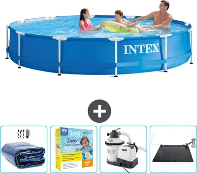 Produktbild von Intex-Schwimmbecken mit rundem Rahmen – 366 x 76 cm – Blau – im Lieferumfang enthalten Sonnensegel - Wartungspaket - Filterpumpe für Schwimmbad - Solarmatte