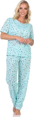 Produktbild von Damen Pyjama 2tlg. lange Hose Shirt in kurzen Ärmeln; Grün/XL/42