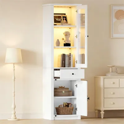 Produktbild von MODFU Multifunktionsvitrine Hochschrank mit 1 Schublade und Metallgriffen Glasvitrine Wohnzimmerschrank mit LED Beleuchtung Standvitrine mit 2 SchranktürenWeiß